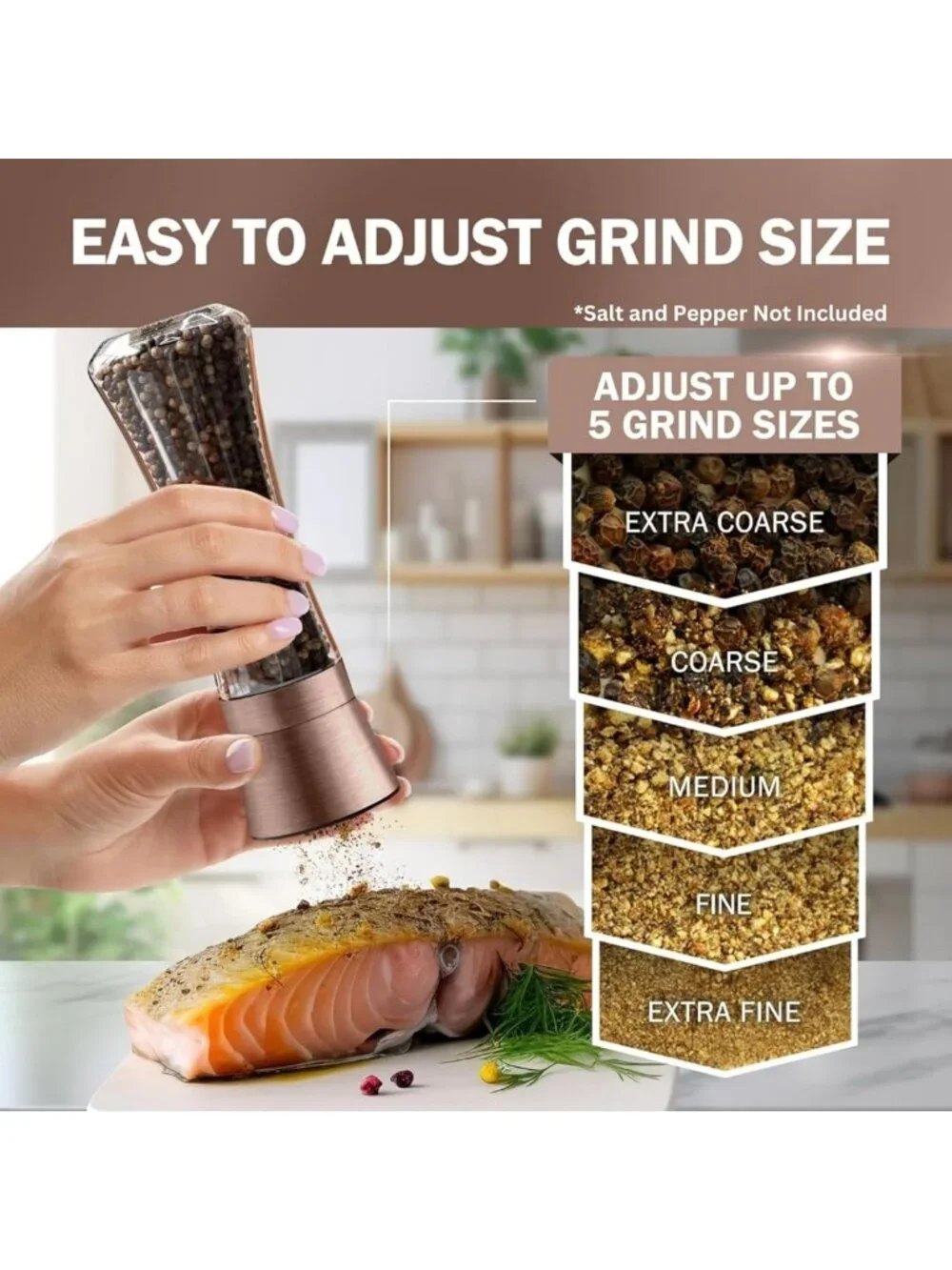 Adjustable Copper Salt & Pepper Grinder Set - Tall Glass Shakers with Funnel
